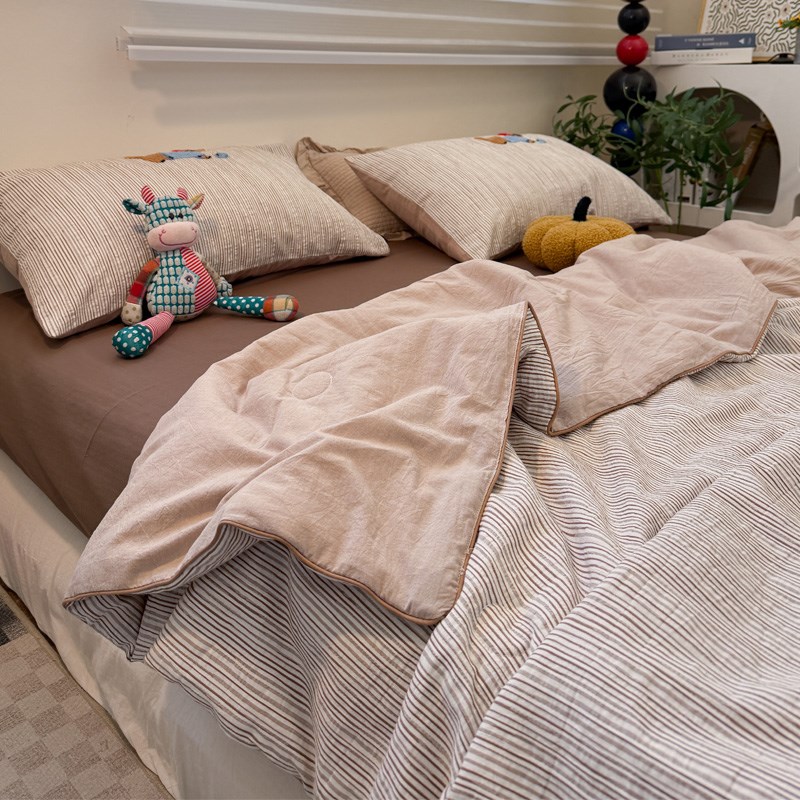 简约风条纹全棉夏凉被四件套空调被单双人薄被芯子可水洗夏被