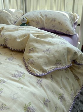 A类母婴级田园小碎花双层纱纯棉四件套1.5m1.8米全棉紫色床上用品