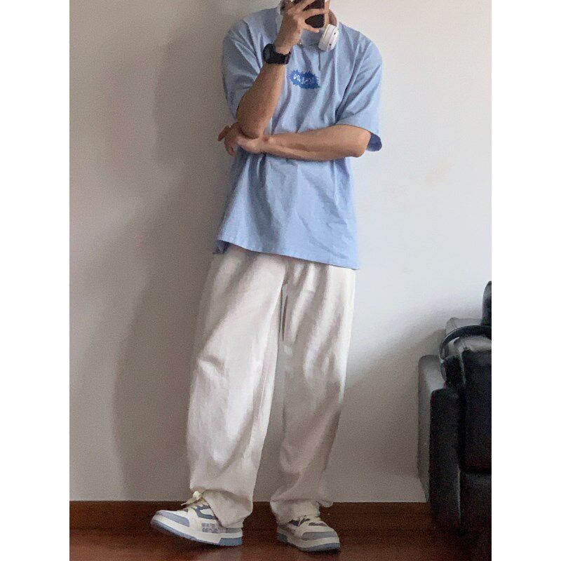 X1617  日系新款百搭宽松简约基础白色直筒裤垂感阔腿裤休闲男士
