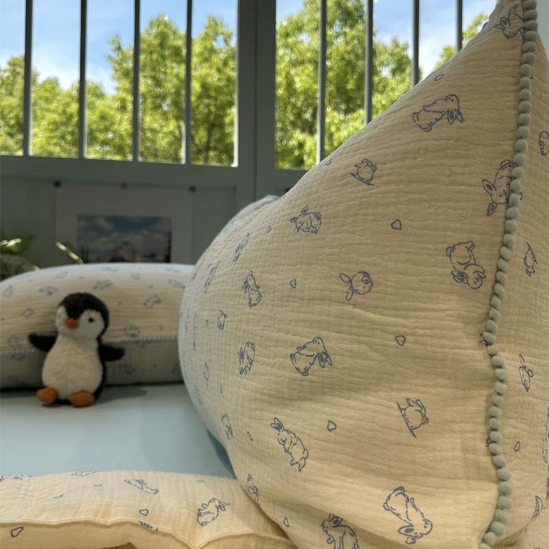 母婴级少女心小蓝兔豆豆边皱皱双层纱夏凉被四件套全棉纯棉空调被