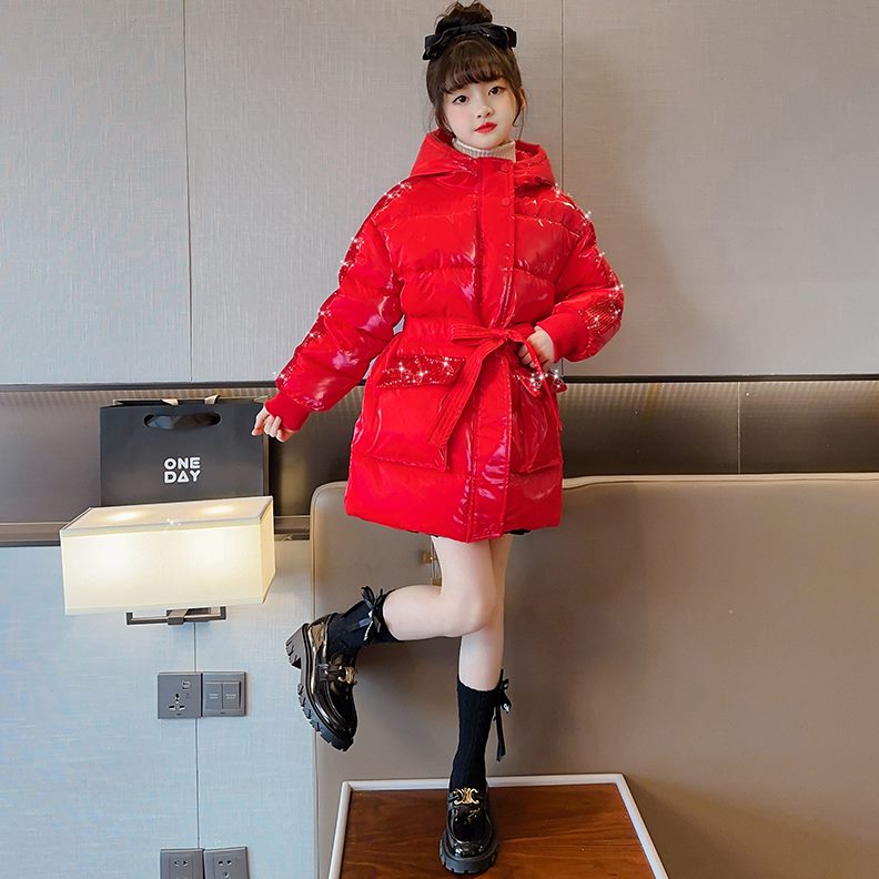 免洗新款冬加厚款女童棉衣中长款羽绒袄儿童2023外套红色洋气棉服