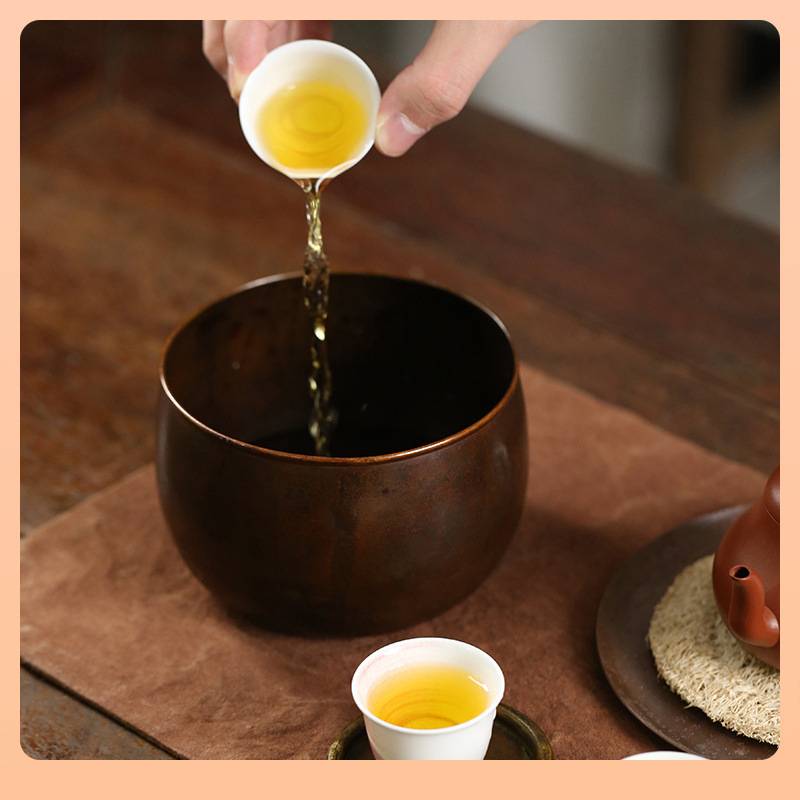 ?中式手工复古铜建水茶洗笔洗水洗水盂干泡台茶台茶渣桶茶道配