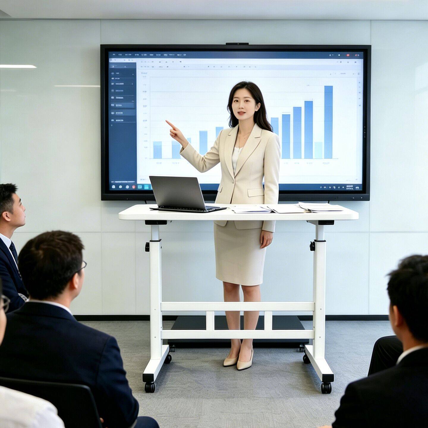 站立式办公桌会议室可移动升降演讲桌暖白色桌面可翻转多功能笔记