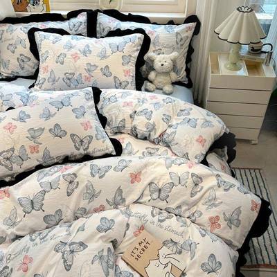 赫床本风床上四件套亲肤床赫本风花单花边裙被套学宿套舍三件床笠