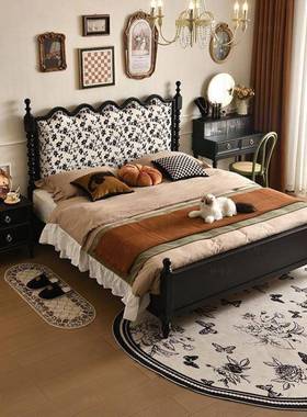 双法式复古床实木床1.5OKL主1.8式美软包床黑色简约中古卧风婚床