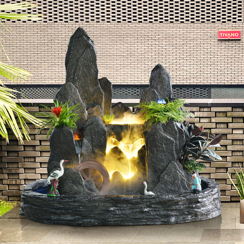 大型室内客厅假山流水喷泉花园庭院山水景观盆景瀑布入户酒店鱼池
