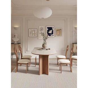 5形V桌法式奶油风洞石岩板餐餐厅家木用小户型997饭桌椭圆实餐桌