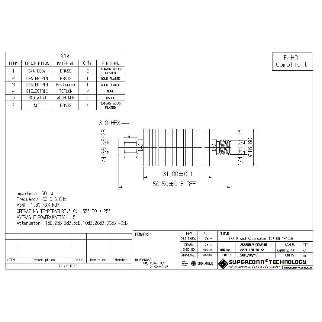 SMA固定衰减器15W-6G 1/2/5/6/10/15/20/30dB rf 衰减器连接器