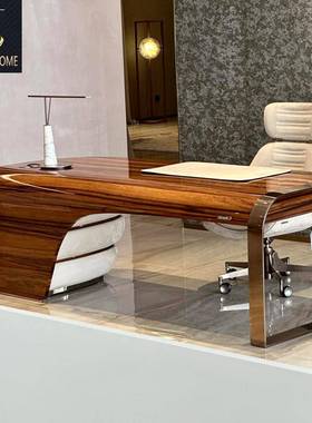 意式轻奢别钢墅高档公书房书桌带漆抽屉实木琴烤老板办一体BDS桌