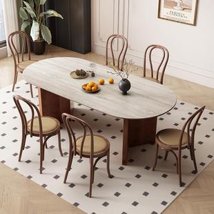 W中古风0003洞石岩油板餐桌椭圆形客厅7实法木餐桌复古式 奶风家用