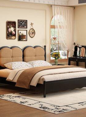 复古法式软m包床1.51草.实8黑色中古风木美式床四叶双人床主FHY卧