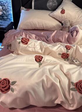 法式玫丝瑰刺绣四件套夏天真凉感双CXO面冰丝滑被套水洗丝宿舍三