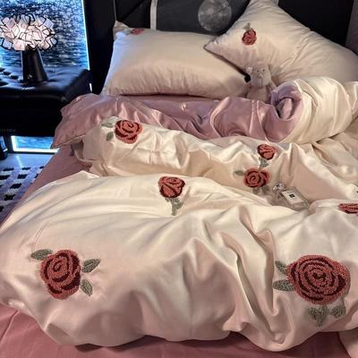 法式玫丝瑰刺绣四件套夏天真凉感双CXO面冰丝滑被套水洗丝宿舍三