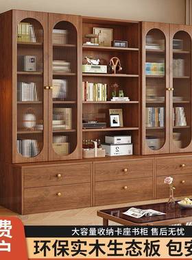实柜木座书一体整墙客卡厅家用落地立式靠墙储物子柜玻璃门QUO收