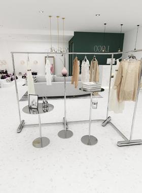 不钢店铺中间L形弧形展示架锈货架落RNO岛地式装店服陈列中架挂衣