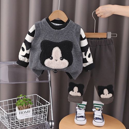 春秋套装男童套装秋装2024新款宝宝秋季洋气卡通毛衣马甲春秋季三