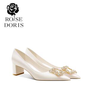 Rose Dogris粗跟白色婚鞋2025主婚新娘鞋不累脚伴娘鞋两穿单鞋女