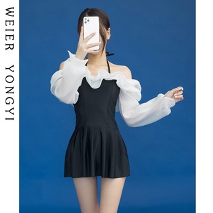 保守遮肚显瘦学生少女泡温泉泳装 泳衣女高级感仙女范连体裙式 长袖