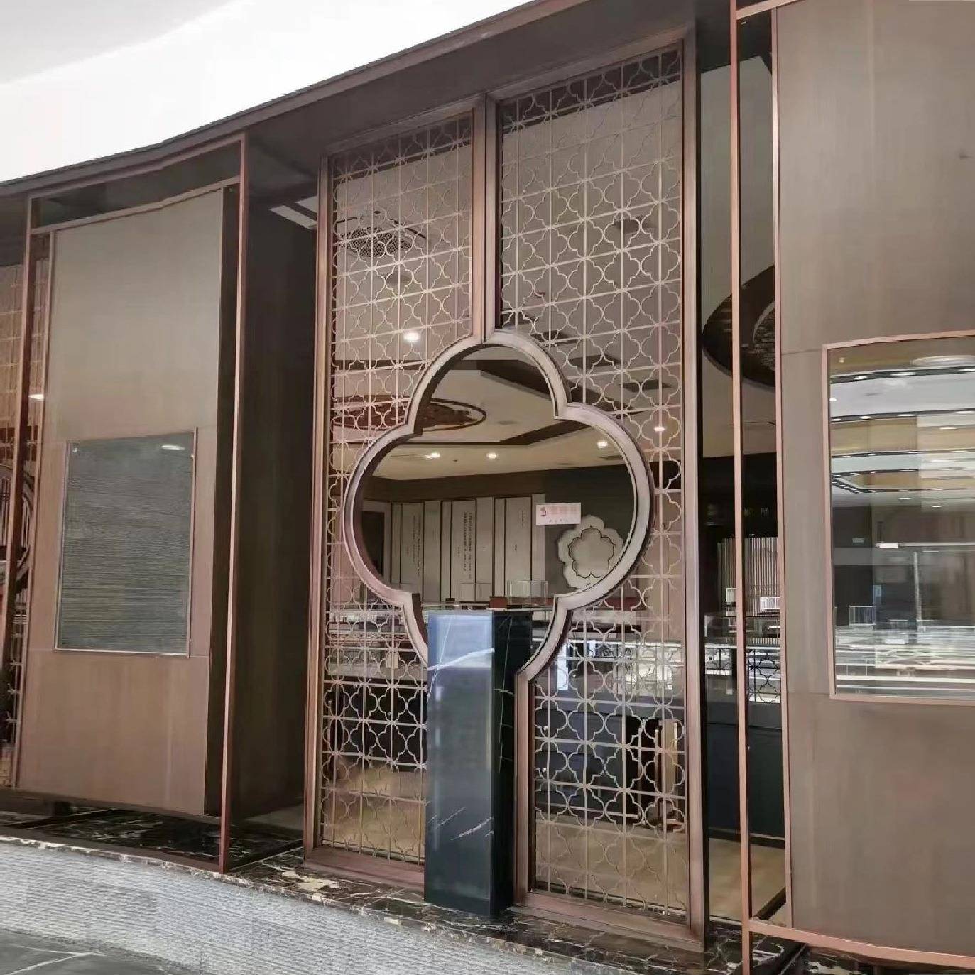 锈新中式客厅入户关酒店YSTBJQ2饰格栅镂空花格不钢圆形屏玄风隔
