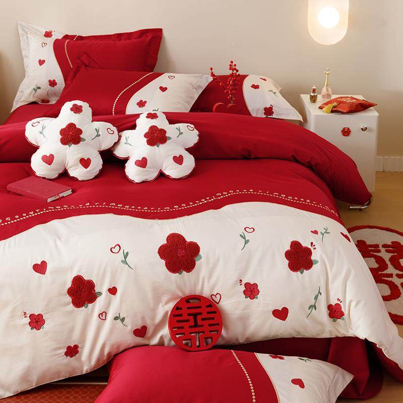 0V45O绣新中式结婚庆红色床FJS9J上四件10套S毛巾喜被陪嫁纯棉床