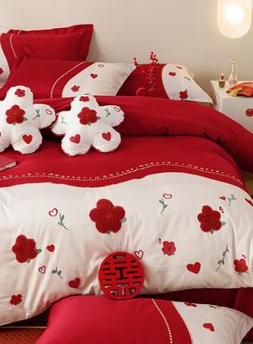 0V45O绣新中式结婚庆红色床FJS9J上四件10套S毛巾喜被陪嫁纯棉床