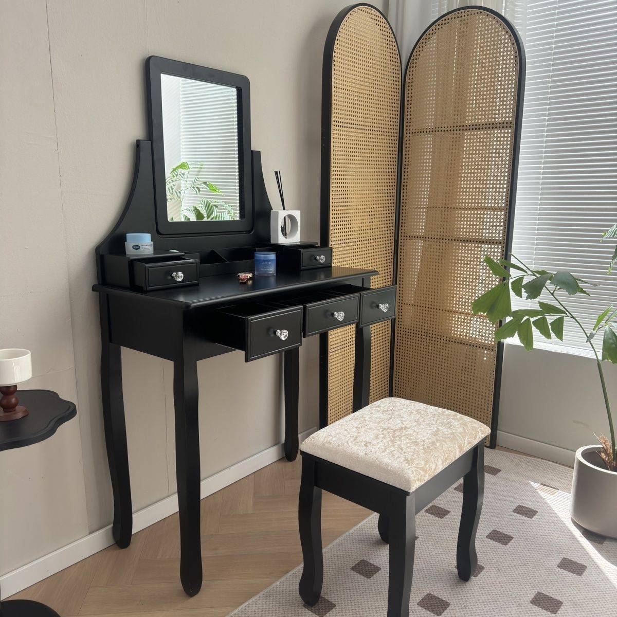 黑色中古风法式复古实木梳妆台带凳子深色梳妆台凳子卧室一体