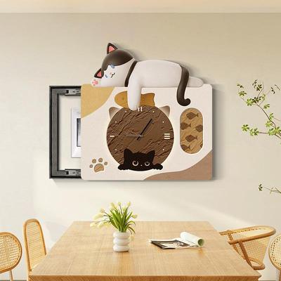 电表猫屿时光装饰画带钟表猫咪免打孔电开箱关遮挡挂源画卡通厅客