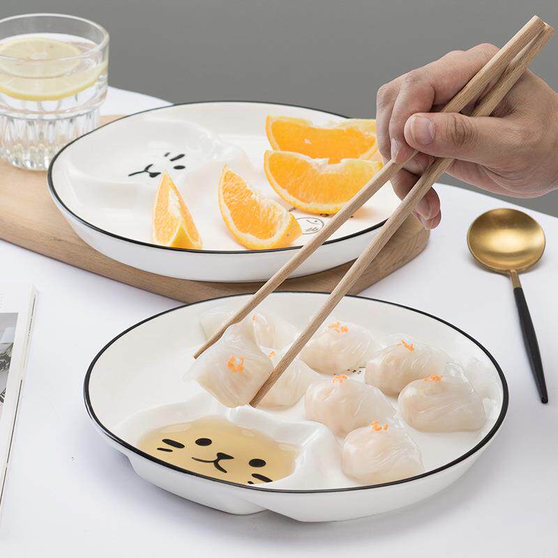 爱子盘带醋碟陶瓷分格碟子创意网可饺红日式餐具家用盘EBM蒸水饺