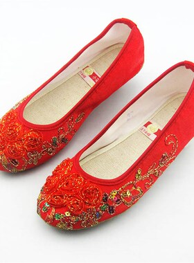 新款小花园绣花鞋牛筋底坡跟女鞋单鞋红色结婚鞋新娘鞋布鞋A6029