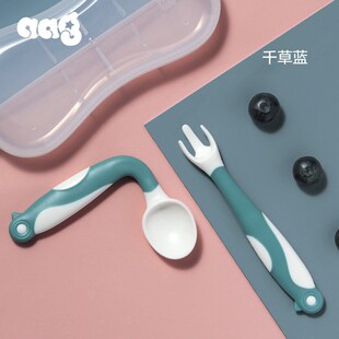 弯头aagc】【叉勺套装宝宝学吃饭训练勺子婴儿辅食勺弯曲儿童新款
