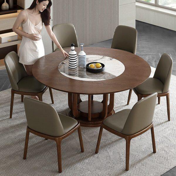 型纯实木带组合圆新中式大板家用客厅圆餐桌转盘北欧圆形餐桌椅岩