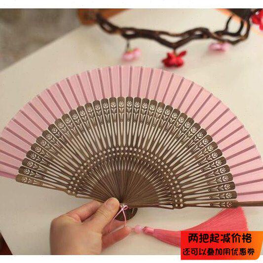月亮扇 精品日式纯色女扇竹柄真丝布扇夏季便携6寸小扇 郁金香