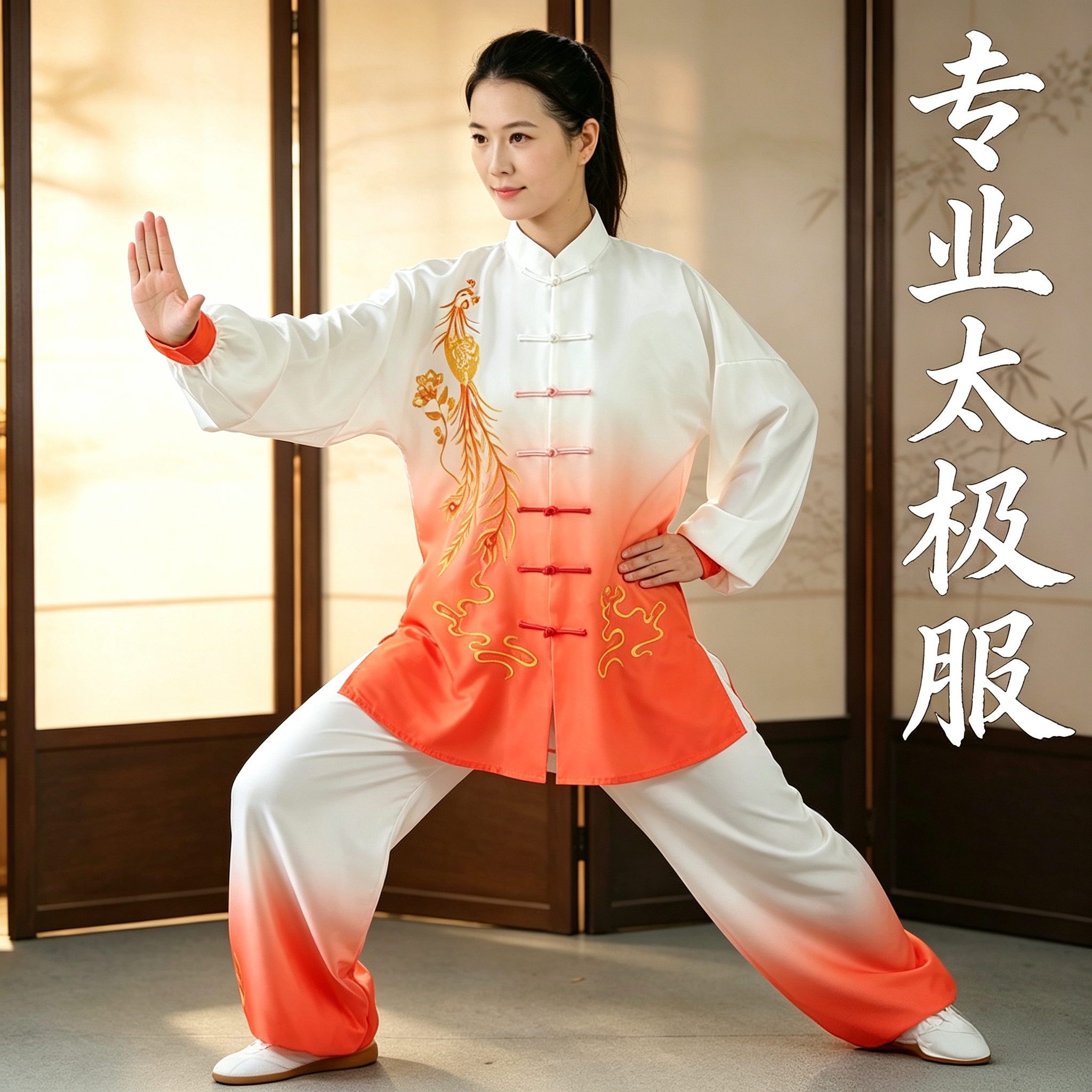 太极服女新款高端比赛表演渐变色太极拳练功服男春秋武术服装橙白