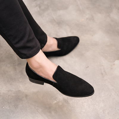 2021秋季新款英伦男士尖头皮鞋韩版套脚反绒磨砂皮豆豆鞋发型师潮