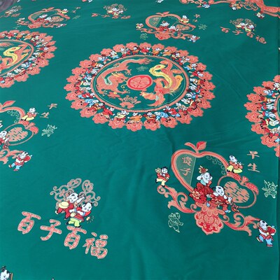 结婚庆被套龙凤喜百子图被面褥子套罩四件套全棉布料大红绿被床单