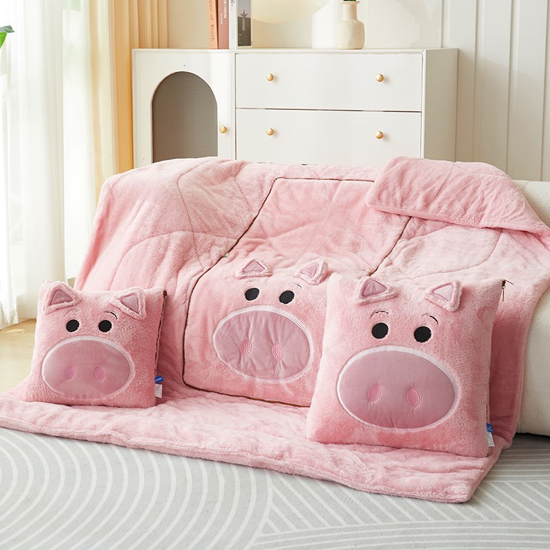 冬加厚双面长绒抱枕被子粉猪猪可折叠多功能两用车载办公室午睡毯