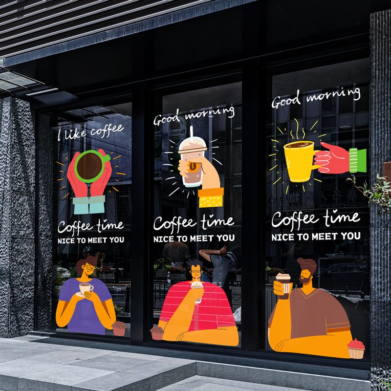 咖啡店时尚卡通插画贴纸玻璃门贴落地橱窗装饰无胶静电玻璃贴纸膜图片