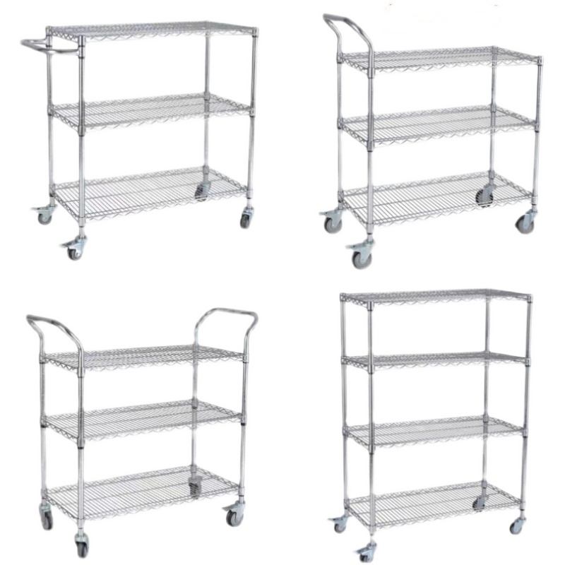 镀铬线网置物架落地不锈钢货架带轮子可移动库房手推车置物架家用