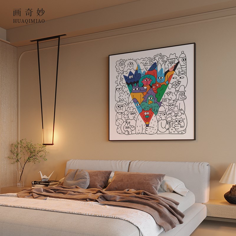 现代简约抽象简笔可爱人物儿童房客厅玄关装饰画背景墙壁方型挂画图片