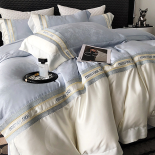 简约春夏60支双面天丝四件套精致E提花被套裸睡丝滑凉感牀上用品