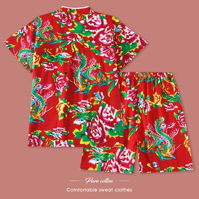 大花情侣足浴家居服男洗浴桑拿特色汗蒸服女纯棉服套装东北款睡衣
