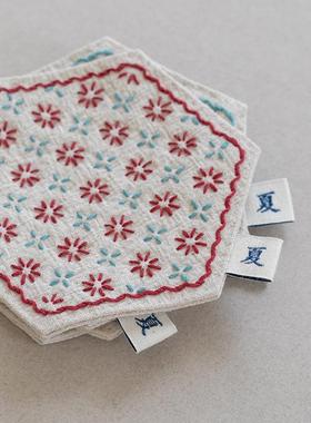 WTR刺子KUH绣茶席材料包1六边形工杯棉麻布料手DI垫Y新手入门送礼