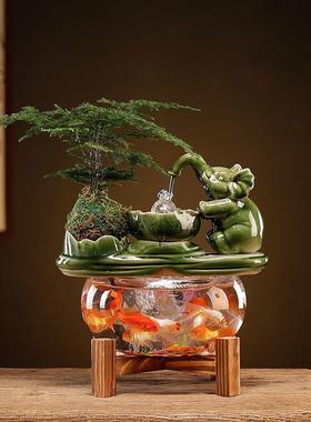 循环流水生玻公璃鱼缸家居客电视柜装饰财办厅Ca/PcFd3室招财摆件