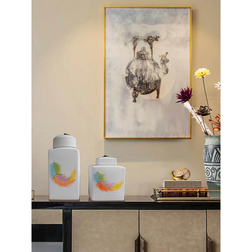 瓷四方罐酒店别客ZDP墅厅茶几储物罐器陶皿手绘装羽毛磨砂饰花瓶,橡塑材料及制品,工业陶瓷,淘宝优惠券,粉丝福利购,淘宝优惠卷