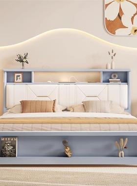 现代简约白色包实木床奶油柔水和夜灯防软内嵌YYU充电室储物卧软