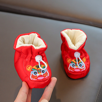 新生儿0-1岁虎头鞋袜冬百天周岁抓周红鞋子婴儿6男女宝宝软底棉鞋