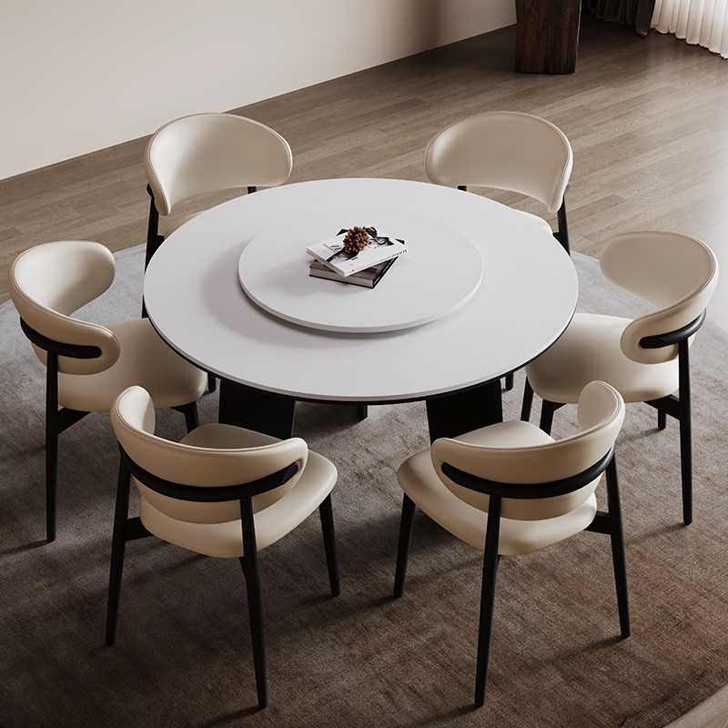 德利丰岩板餐桌圆形家用侘寂中古奶油风高端小户型全托吃饭圆桌子