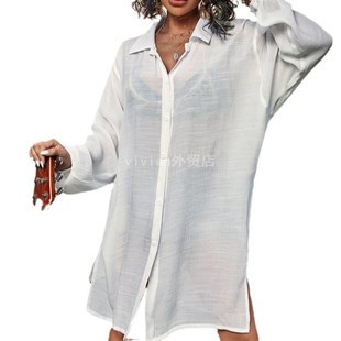 比基尼罩衫 欧美新竹节棉长袖 度假防晒泳衣外搭开衫 沙滩罩衫 衬衣式