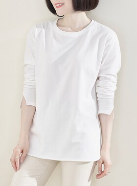 全棉白色中长款t恤女长袖宽松遮屁股开叉洋气大码圆领纯棉打底衫