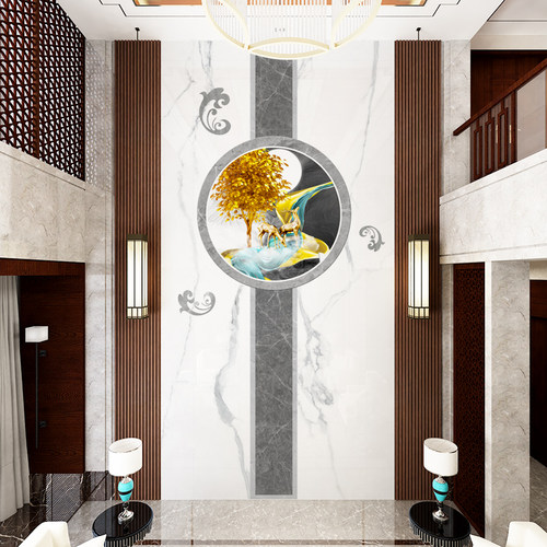 复式别墅自建房客厅岩板背景墙中空挑高楼中楼护墙板电视墙砖